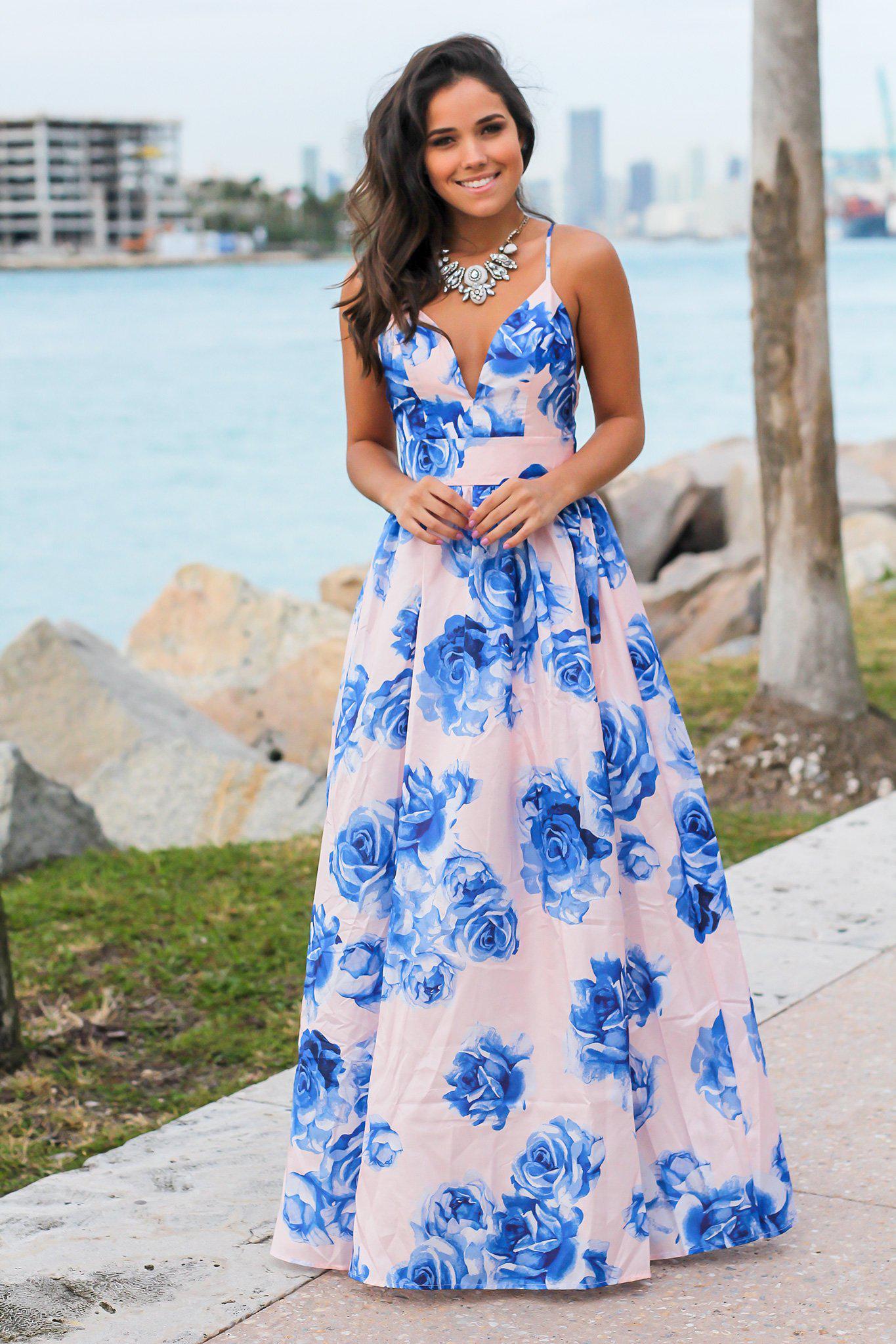 Blush and Blue Floral Maxi Dress with Criss Cross Back | Maxi Dresses Saved by the Dress Blush and Blue Floral Maxi Dress with Criss Cross Back | Maxi Dresses Saved by the Dress