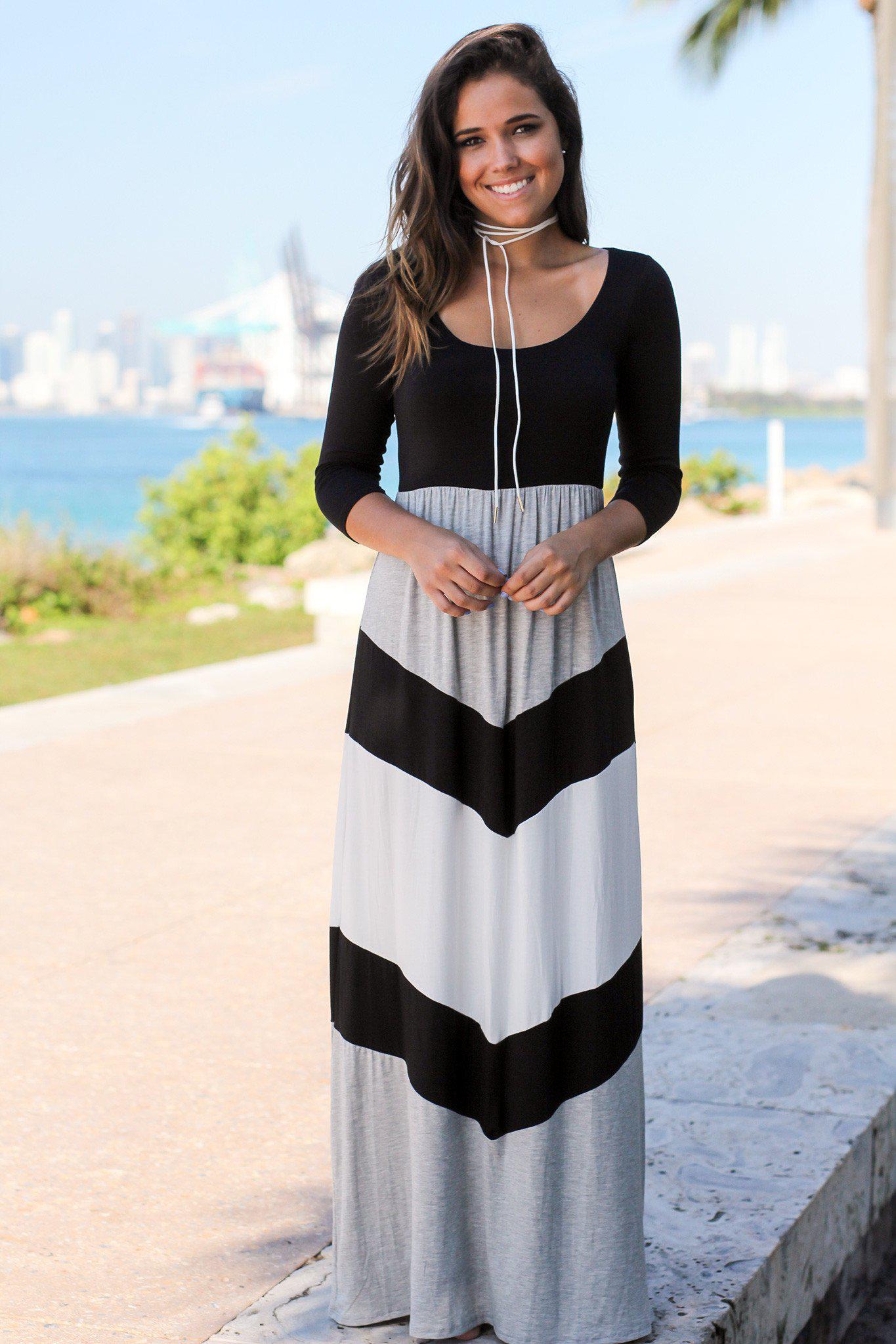 Black and Gray Chevron Maxi Dress with 3/4 Sleeves | Maxi Dresses Saved by the Dress Black and Gray Chevron Maxi Dress with 3/4 Sleeves | Maxi Dresses Saved by the Dress