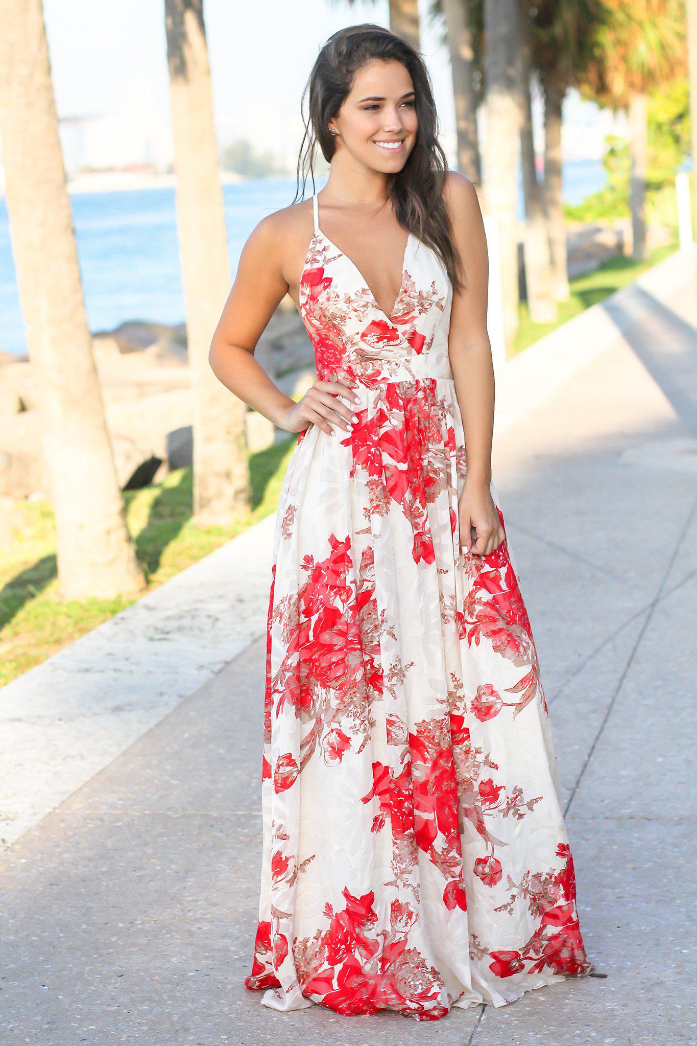 open lace back dress Cream and Red Floral Chiffon Maxi Dress open lace back dress Cream and Red Floral Chiffon Maxi Dress
