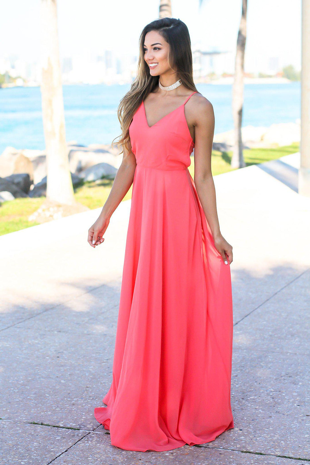 Coral Open Back Maxi Dress
