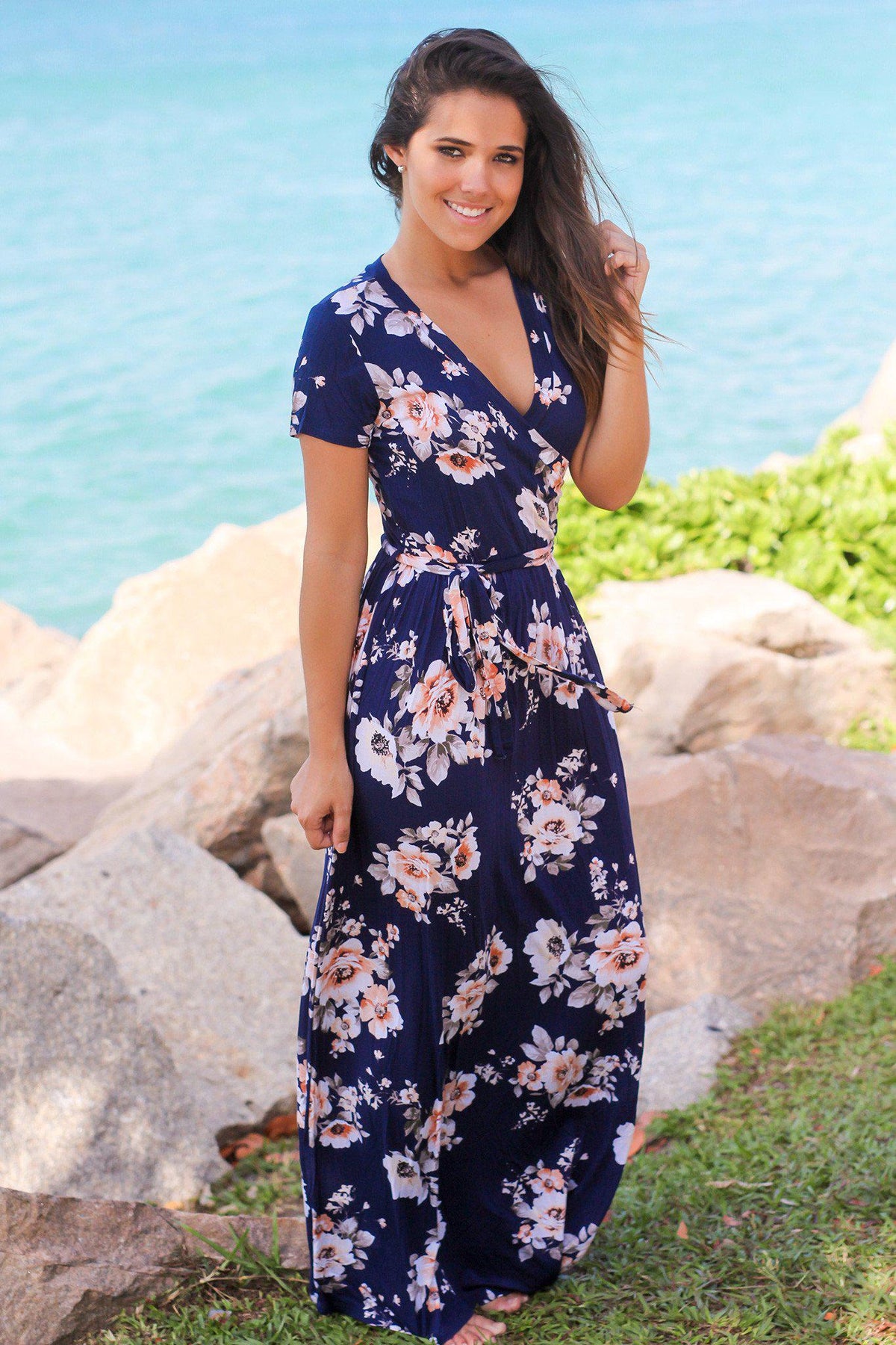 Navy Floral V-Neck Maxi Dress | Maxi Dresses – Saved by the Dress