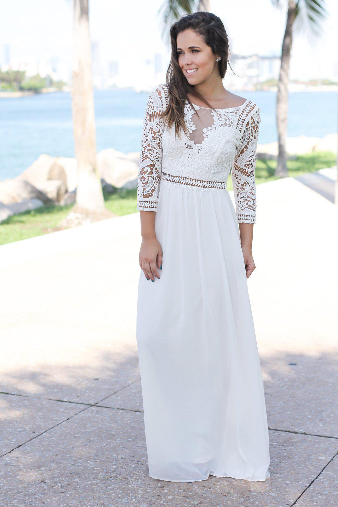 Ivory Crochet Maxi Dress with 3/4 Sleeves