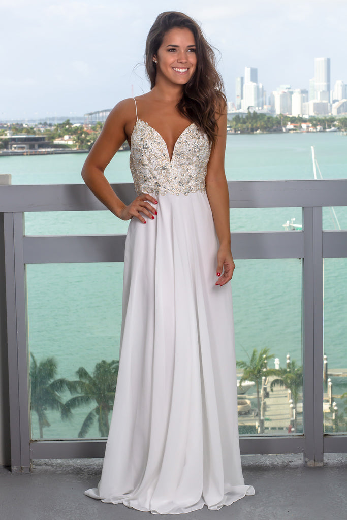 chinese dress ladies Off White Maxi Dress with Embroidered Top