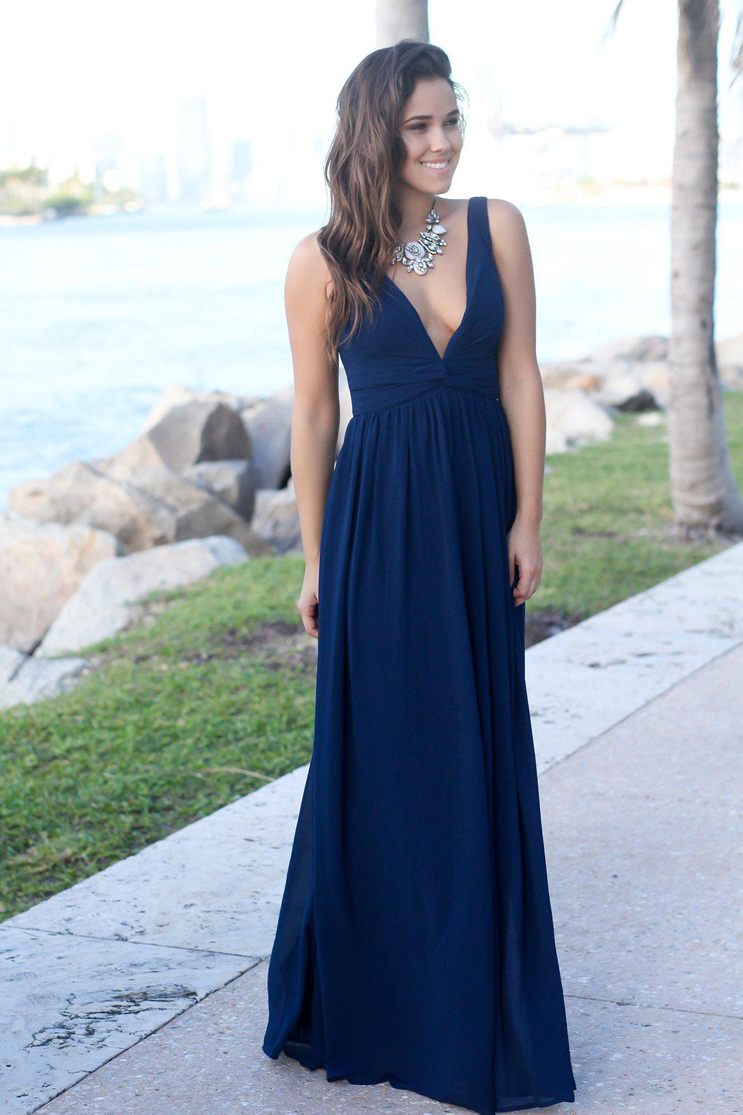 Navy V-Neck Maxi Dress with Pleated Top | Maxi Dresses  Saved by the Dress
