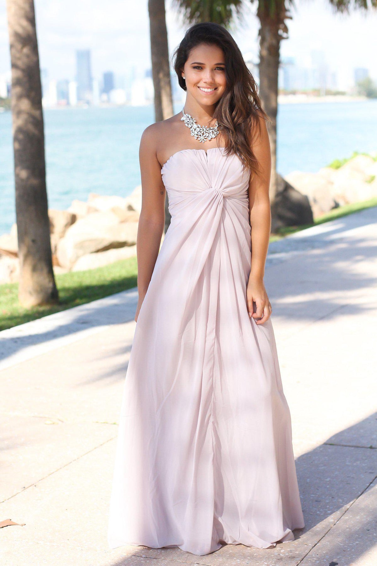 Lilac Gray Strapless Maxi Dress with Knot | Maxi Dresses – Saved by the ...