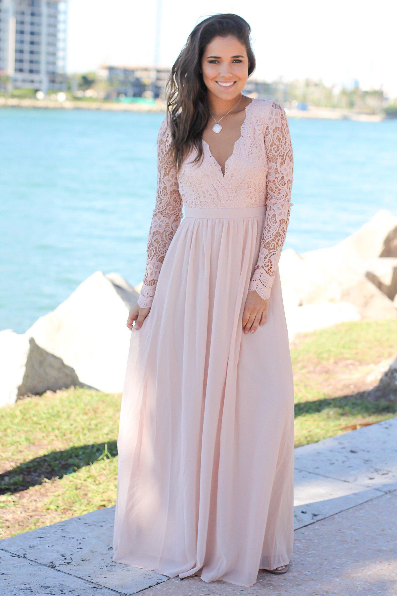 Blush Crochet Maxi Dress with Open Back and Long Sleeves | Bridesmaid Dresses Saved by the Dress Blush Crochet Maxi Dress with Open Back and Long Sleeves | Bridesmaid Dresses Saved by the Dress