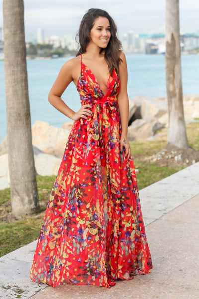 Red Printed Maxi Dress with Criss Cross Back | Maxi Dresses – Saved by ...