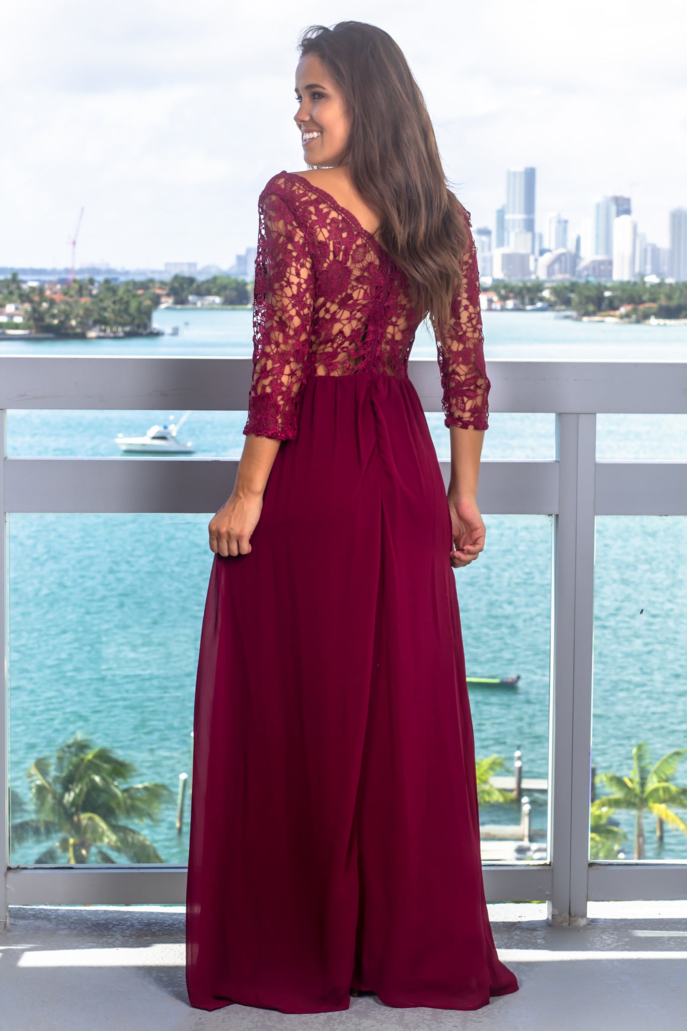 Merlot Embroidered Top Maxi Dress with 3/4 Sleeves
