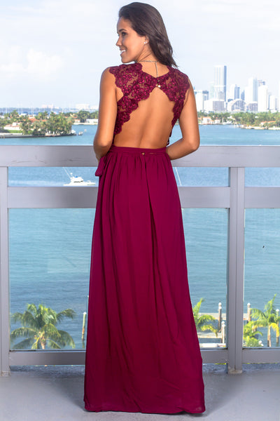 Merlot Maxi Dress with Open Embroidered Back Detail