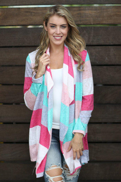 Mint And Coral Color Block Cardigan