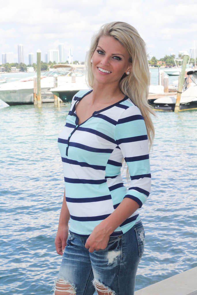 Mint And Navy Striped Top