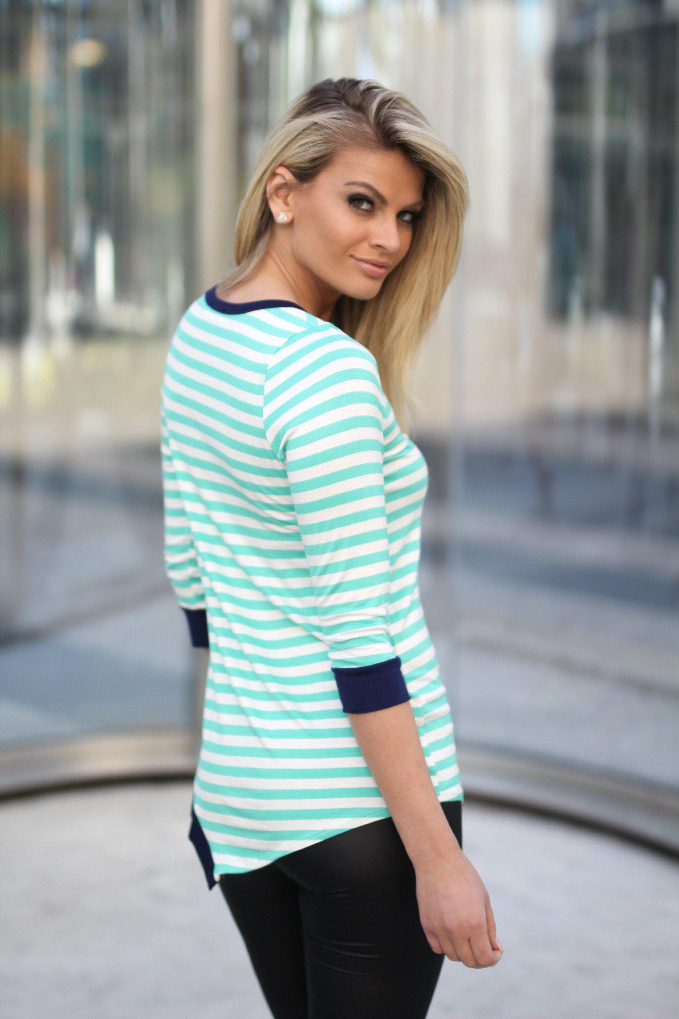 Mint Striped Top With Buttons