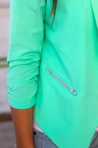 Mint Blazer with Zipper Pockets