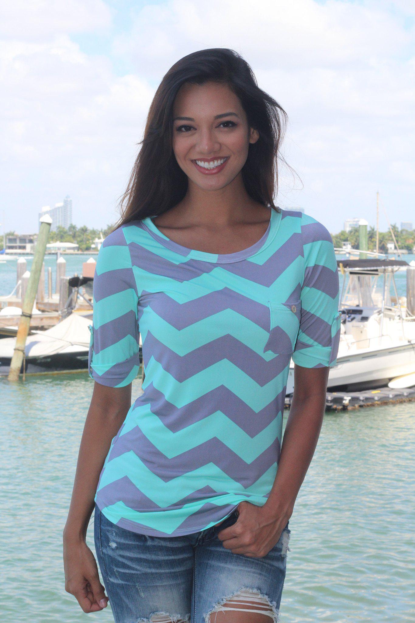 Mint and Gray Chevron Top