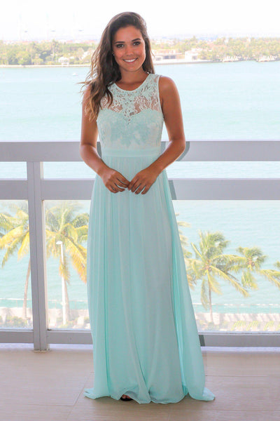 Mint Chiffon Maxi Dress with Lace Top | Bridesmaid Dresses Saved by the Dress Mint Chiffon Maxi Dress with Lace Top | Bridesmaid Dresses Saved by the Dress