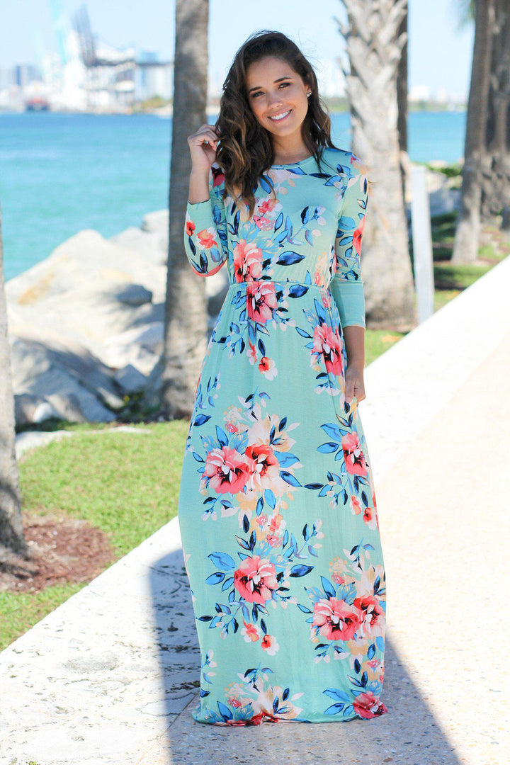 Mint Floral Maxi Dress with 3/4 Sleeves