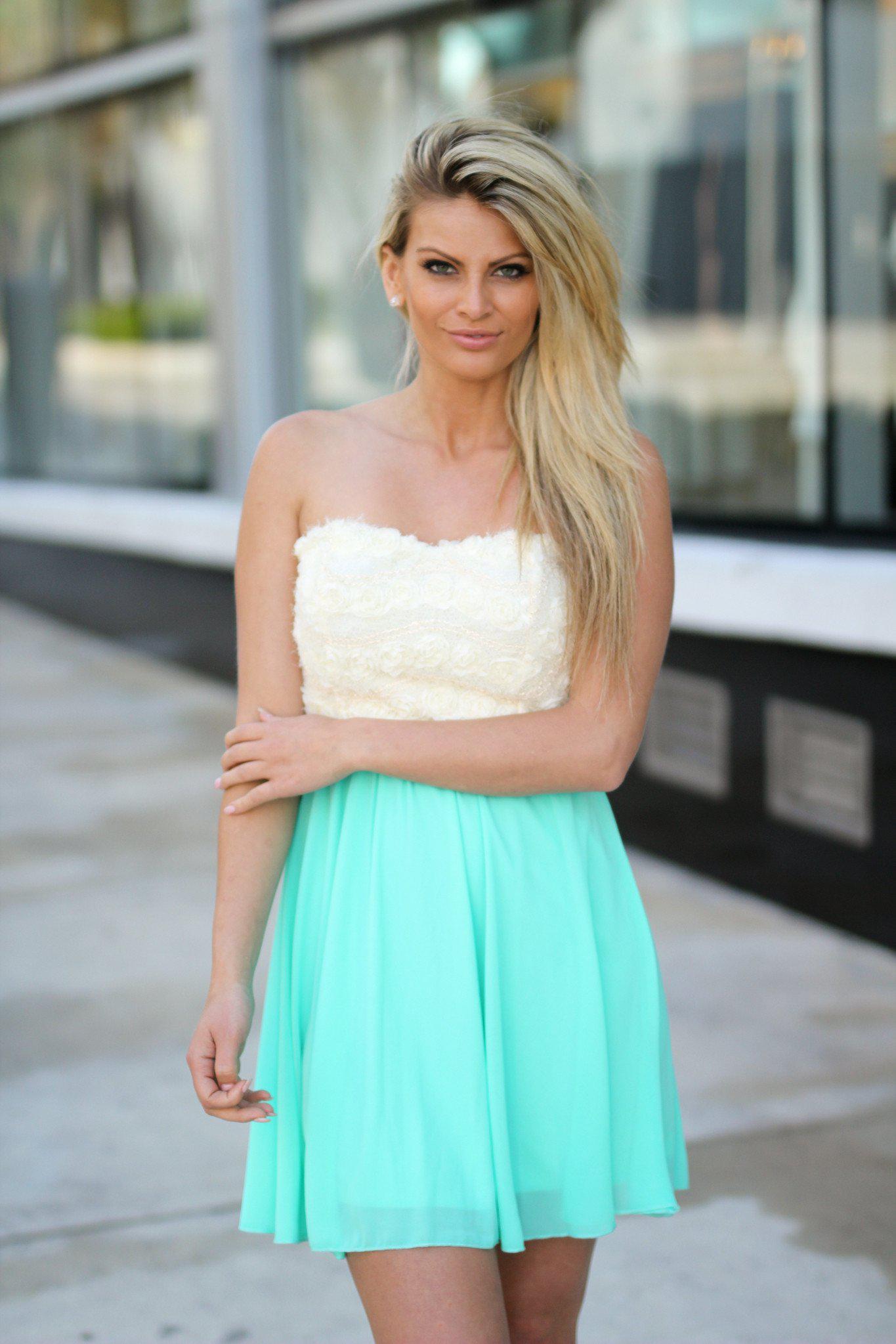 Mint Short Dress with Lace Floral Top