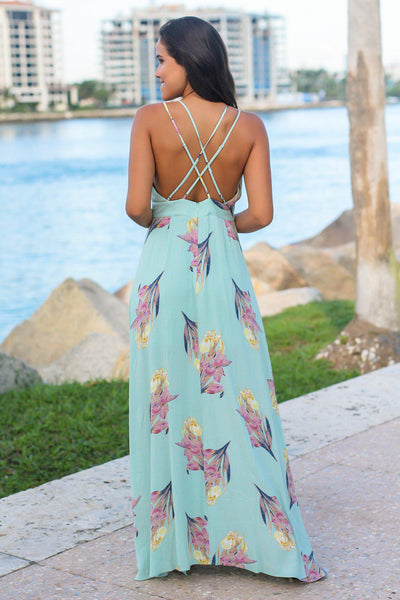 Mint Floral Maxi Dress with Criss Cross Back