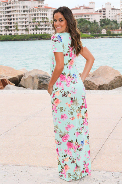 Mint Floral Maxi Dress with Short Sleeves