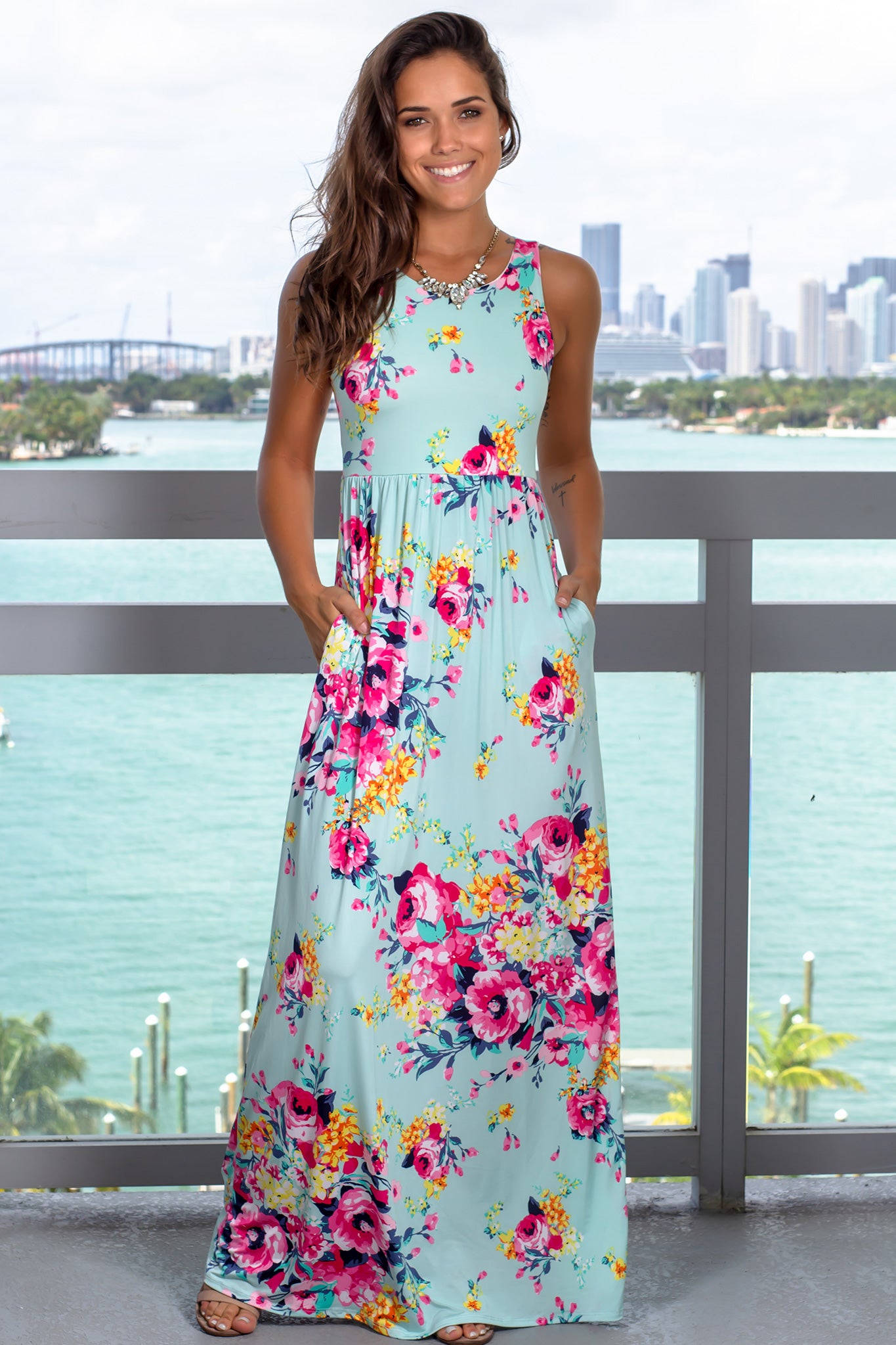 Mint Floral Racerback Maxi Dress with Pockets