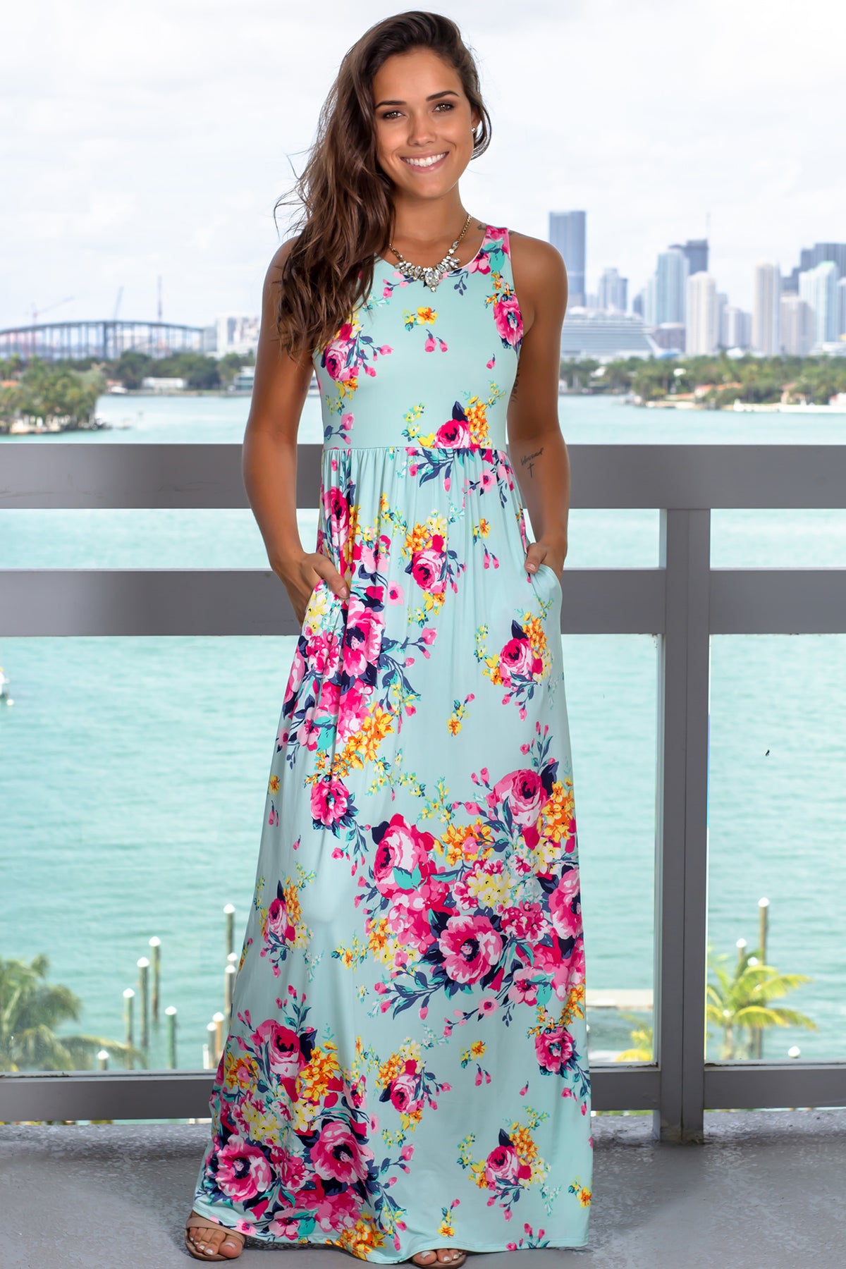 Mint Floral Racerback Maxi Dress with Pockets | Maxi Dresses – Saved by ...