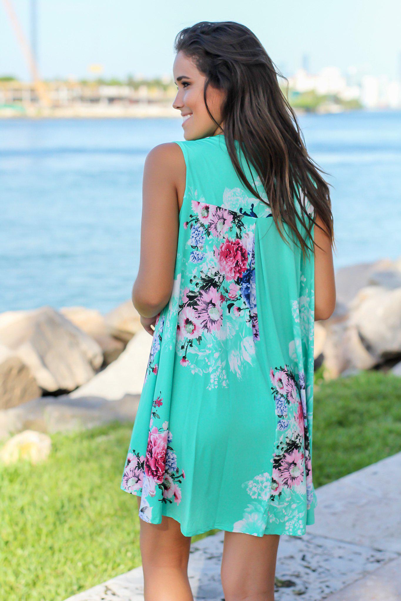 Mint Floral Swing Dress with Keyhole