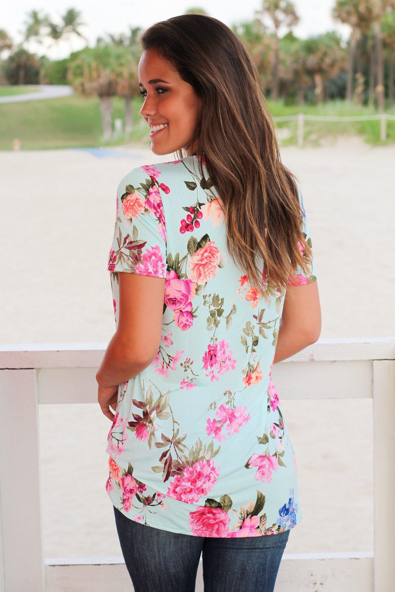 Mint Floral Top with Short Sleeves and Knot