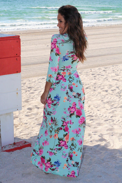 Mint Floral Wrap Maxi Dress with 3/4 Sleeves