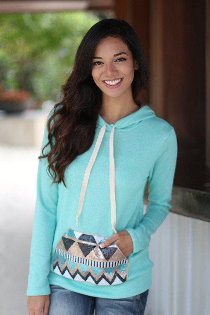 Mint Hoodie With Sequin Pocket