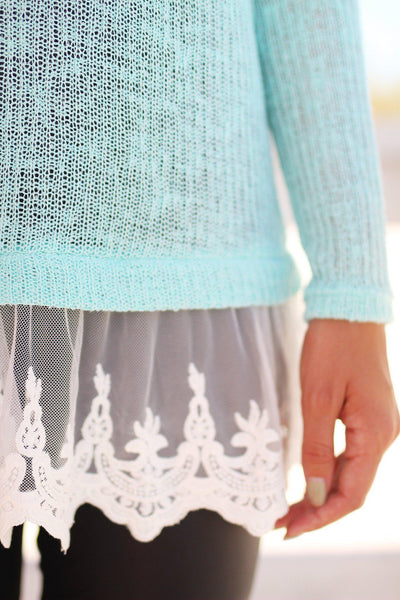 Mint Knit Sweater with Lace Trim