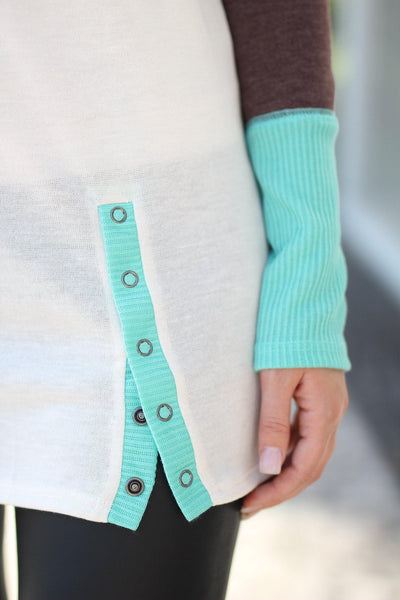 Ivory and Mint Long Sleeve Top with Buttons