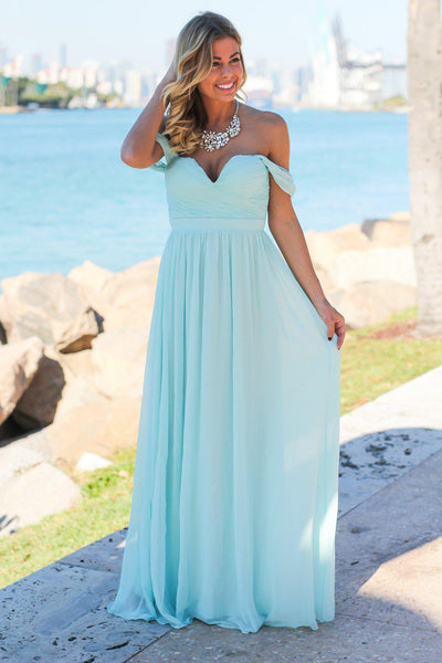 Mint Off Shoulder Maxi Dress with Pleated Top