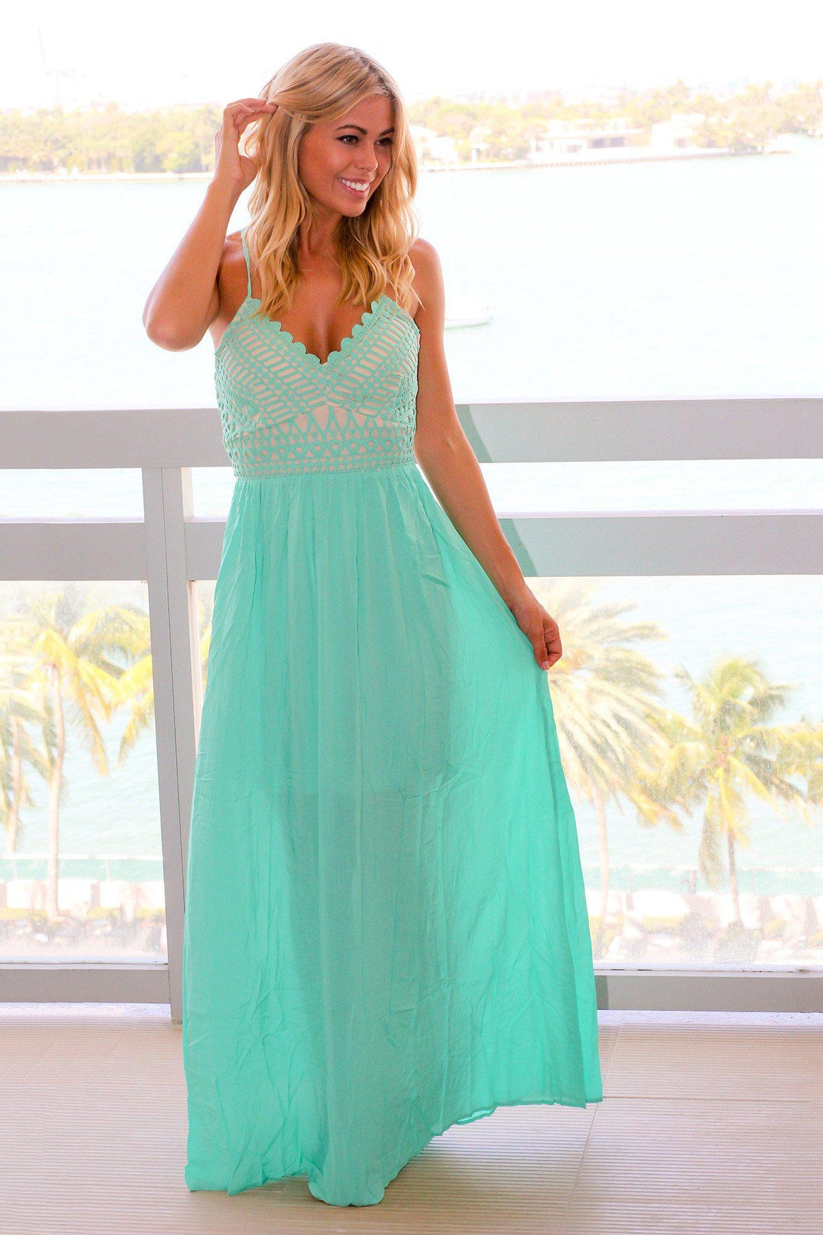 Mint Maxi Dress with Criss Cross Back and Crochet Detail | Maxi Dresses Saved by the Dress Mint Maxi Dress with Criss Cross Back and Crochet Detail | Maxi Dresses Saved by the Dress