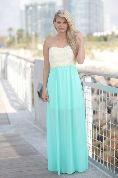Mint Maxi Dress with Floral Lace Top
