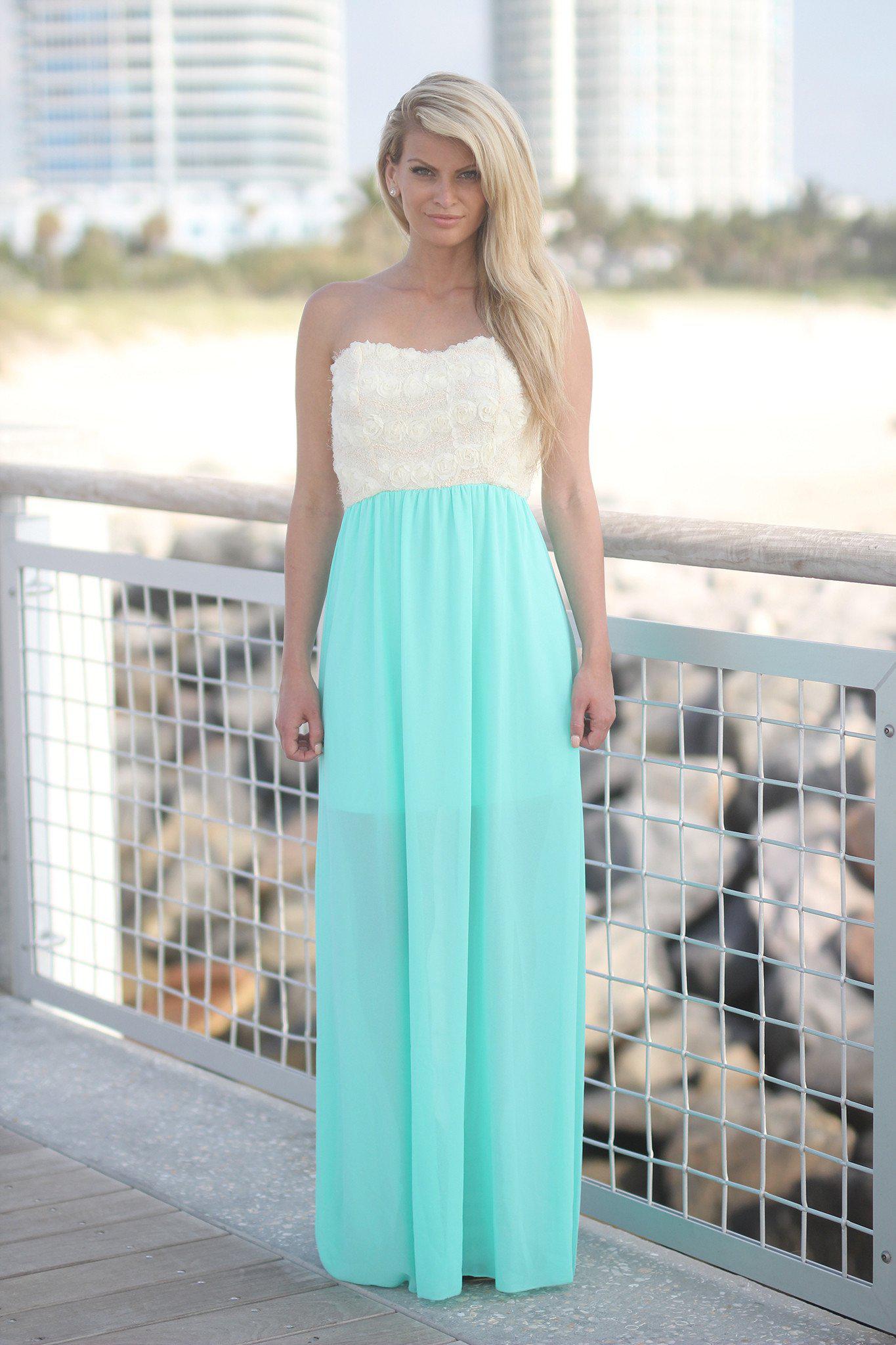 Mint Maxi Dress with Floral Lace Top