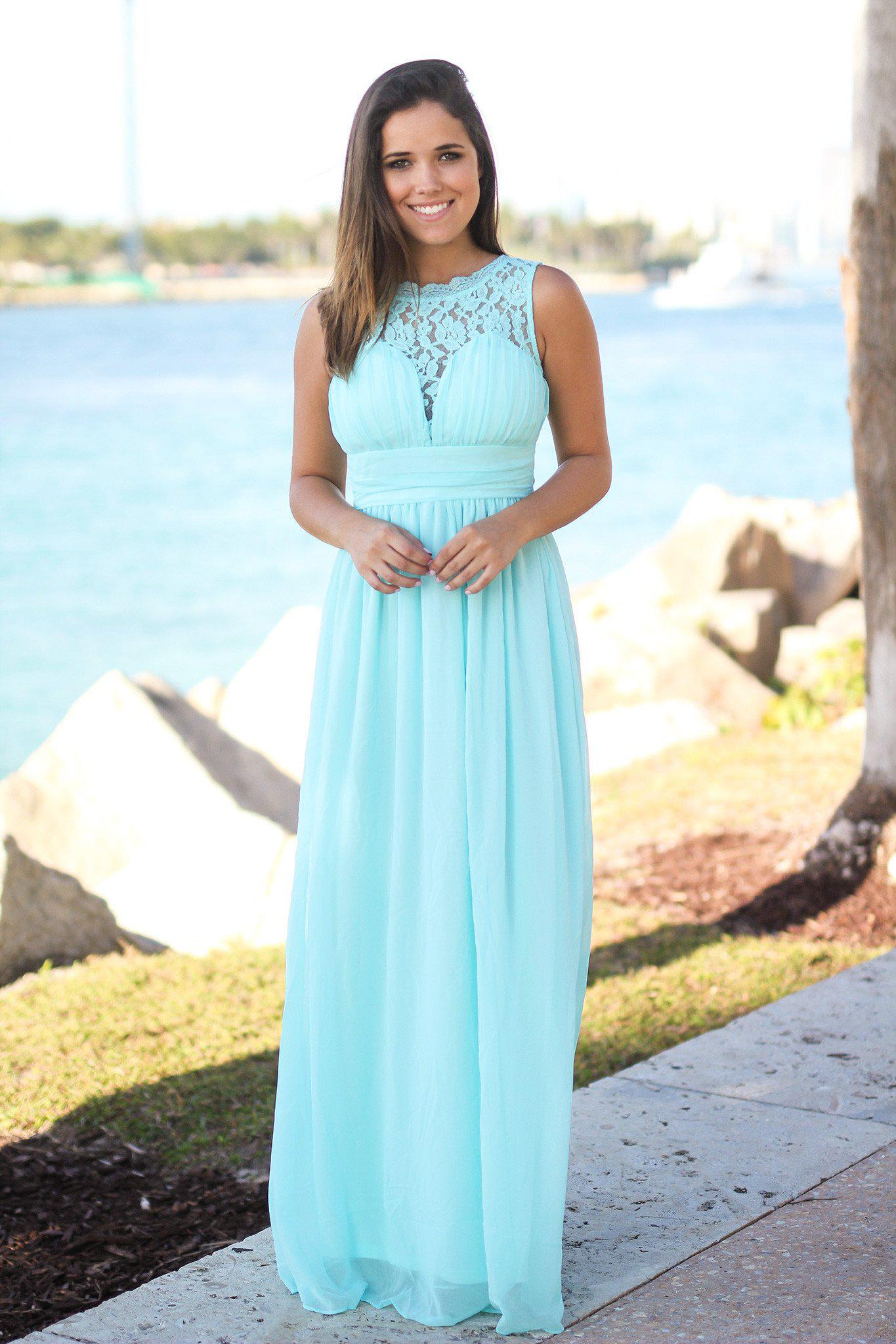Mint Maxi Dress with Pleated Lace Top