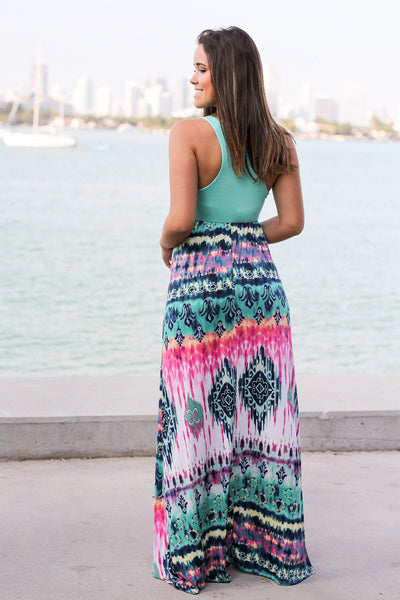 Mint Maxi Dress with Printed Bottom
