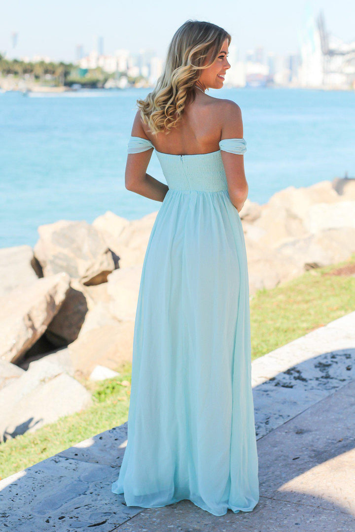 mint off the shoulder dress Mint Off Shoulder Maxi Dress with Pleated Top