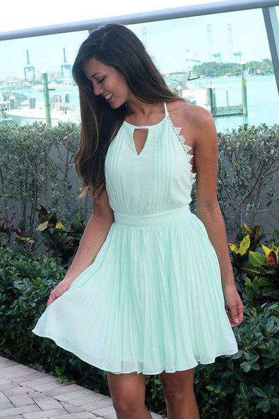Mint Pleated Dress with Open Back