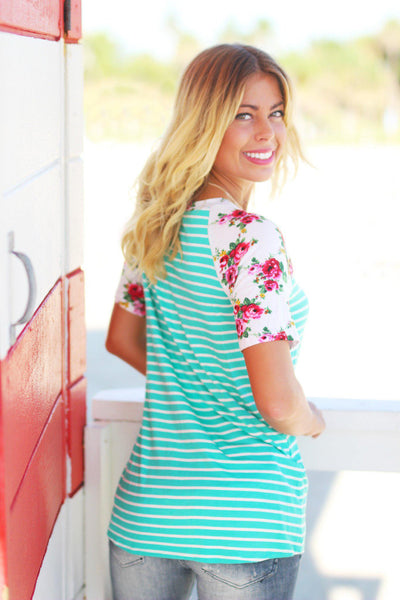 Mint Striped Top with Floral Sleeves