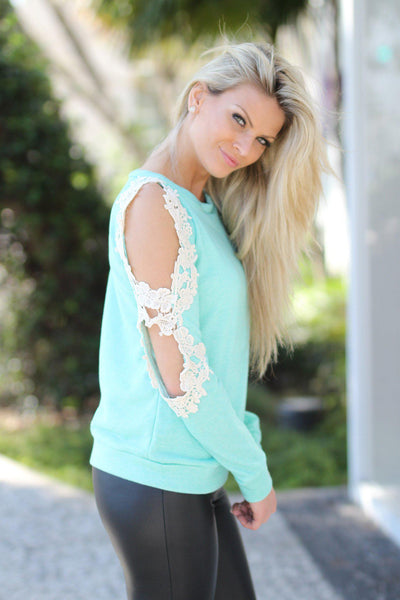 Mint Sweater with Crochet Sleeves