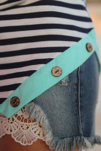 Mint Striped Tank Top with Buttons