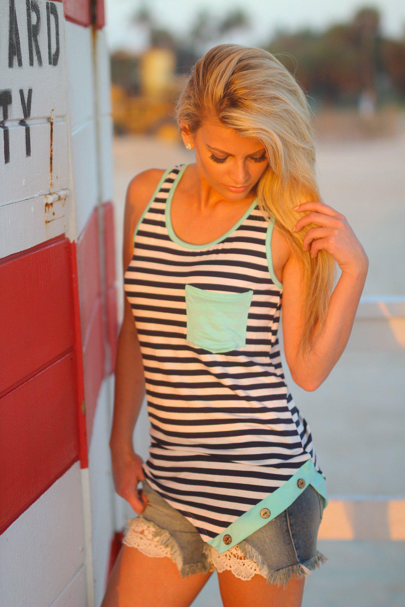 Mint Striped Tank Top with Buttons
