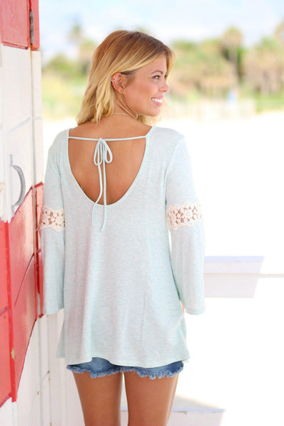 Mint Top with Lace Bell Sleeves