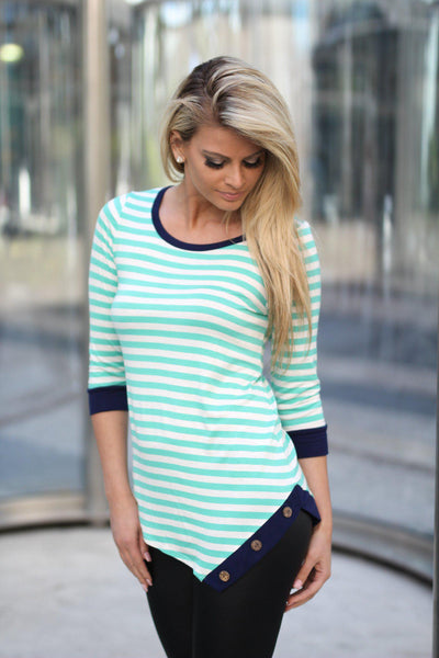 Mint Striped Top With Buttons