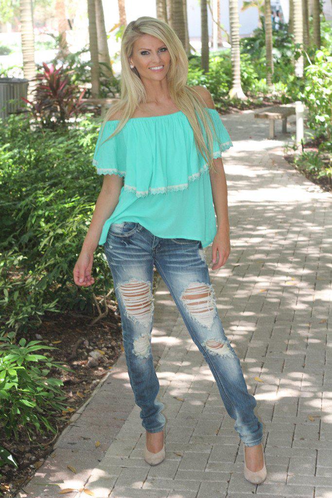 Mint Top With Crochet Trim