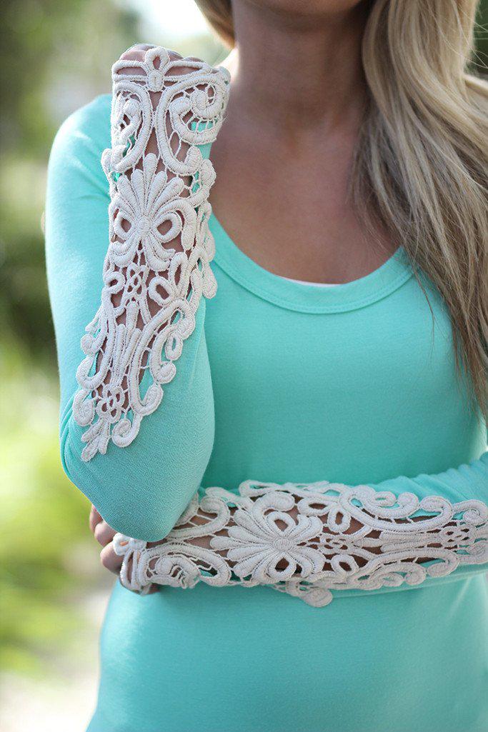 Mint Top With Crochet Sleeves