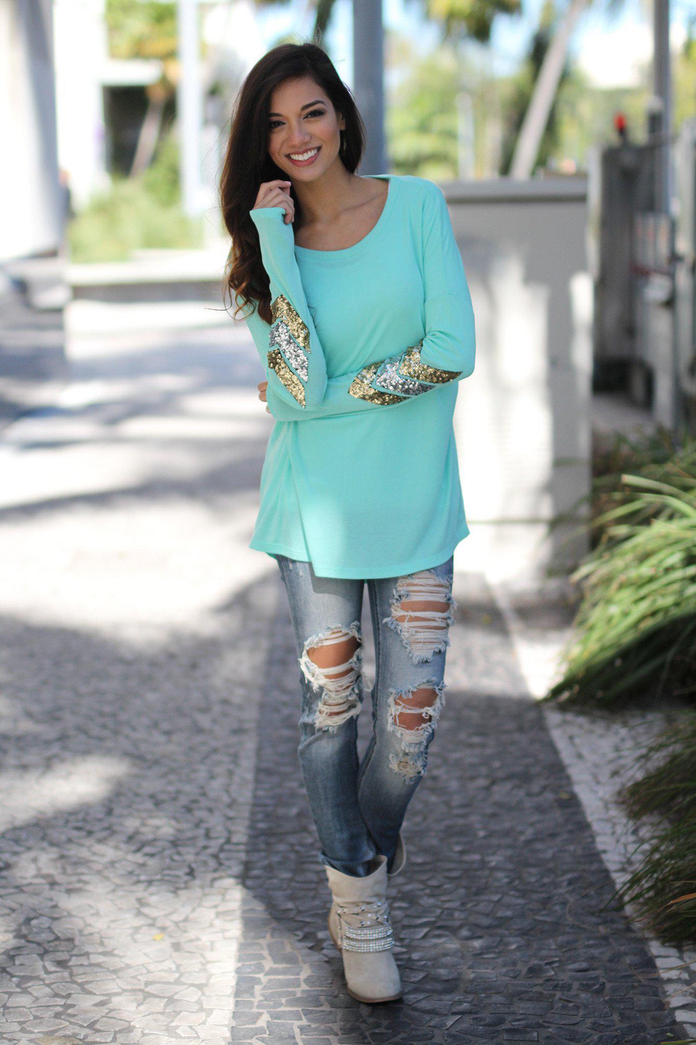 Mint Top With Chevron Sequins