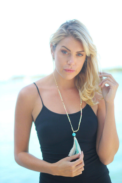 Mint Wooded Tassel Necklace
