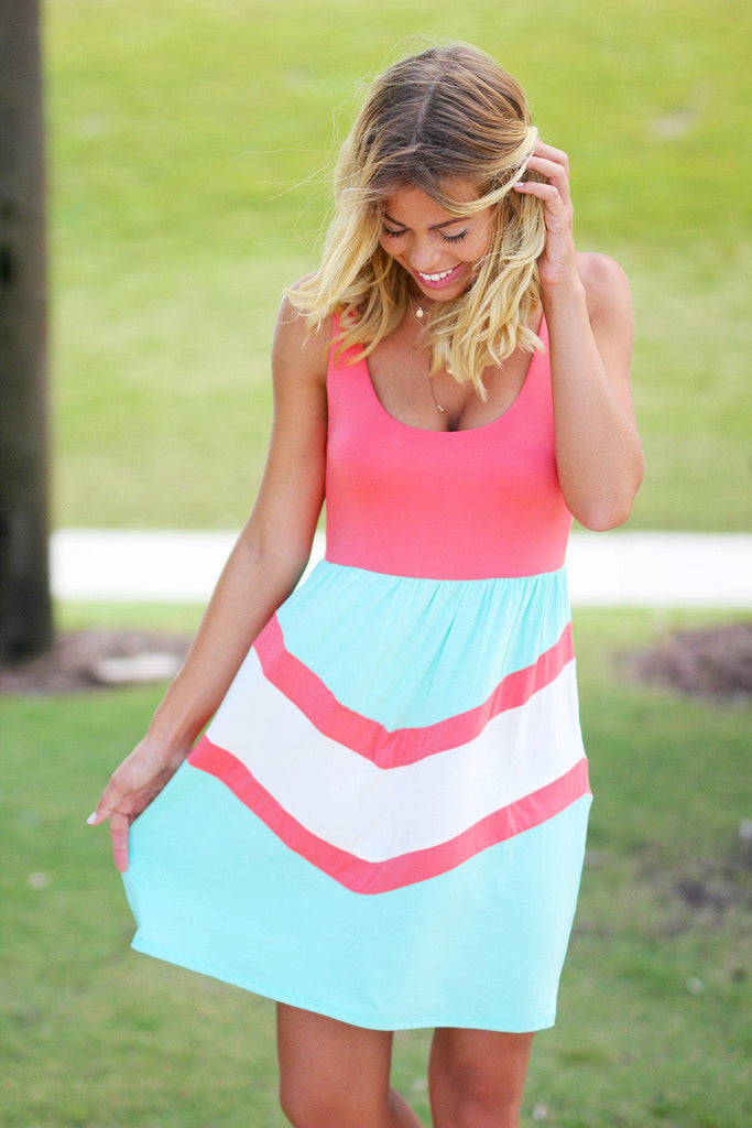 mint green chevron dress Coral and Mint Chevron Short Dress – Saved by the Dress
